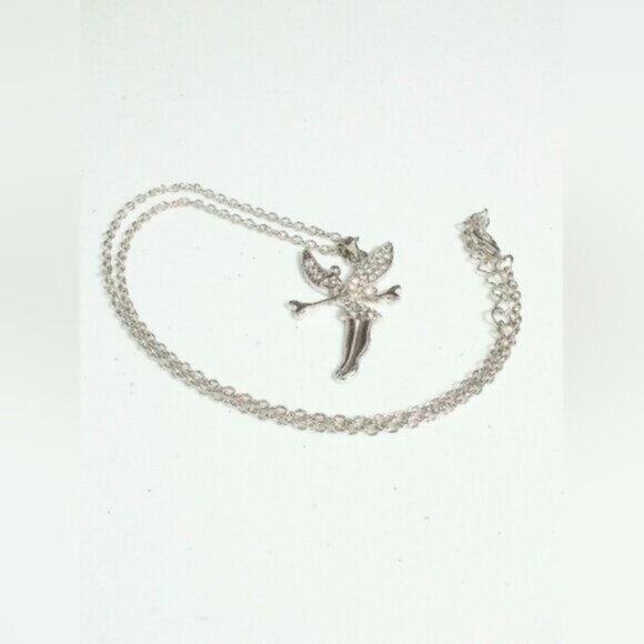 Disney Tinkerbell Silver Tone Cubic Zirconia Studded Pendant Necklace New - Picture 2 of 5